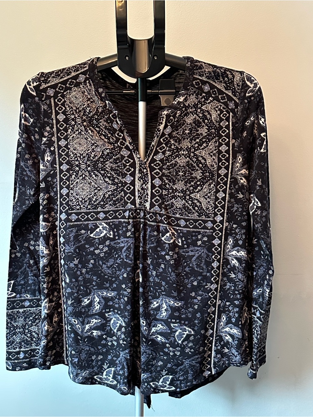 Lucky Brand Black White Boho Knit Peasant Blouse M